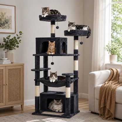 Multi-Level Scratching Cat Tree Large – Climbing Tower Activity Center with Condos Hammock and Perches for Indoor Cats