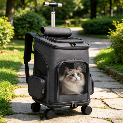 Rolling Telescopic Handle Pet Backpack – Wheeled Travel Trolley Carrier with Mesh Windows and Dual-Sided Mat for Cats