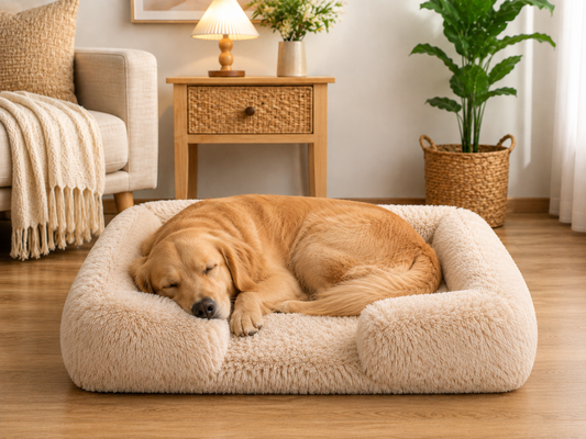 Plush Bolster Dog Bed – Rectangular Raised Rim Pet Cushion Lounger
