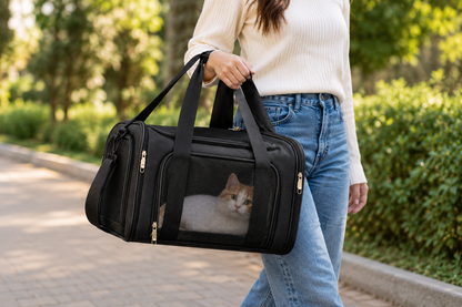 Breathable Foldable Pet Carrier – Soft-Sided Travel Bag with Mesh Windows Shoulder Strap and Removable Fleece Mat