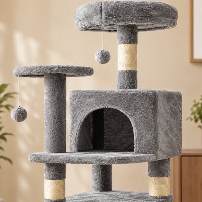Multi-Tier Climbing Cat Tree – Modern Pet Tower with Scratching Posts Plush Perches and Play Balls