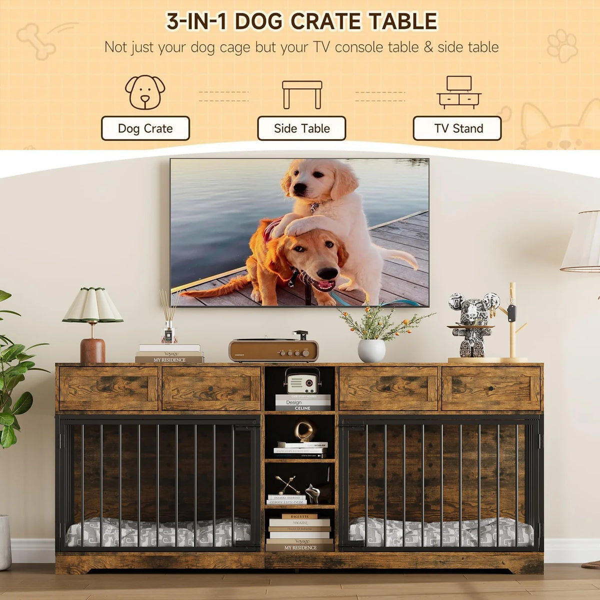 Pawlek Storage Credenza Dog Crate Furniture – Dual Kennel Sideboard with Drawers and Shelves for Pet Supplies