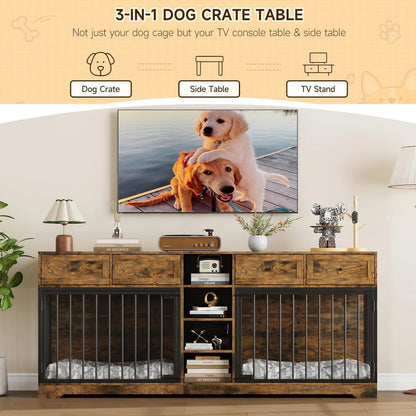 Pawlek Storage Credenza Dog Crate Furniture – Dual Kennel Sideboard with Drawers and Shelves for Pet Supplies