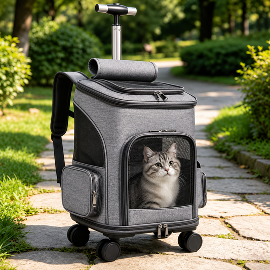 Rolling Telescopic Handle Pet Backpack – Wheeled Travel Trolley Carrier with Mesh Windows and Dual-Sided Mat for Cats