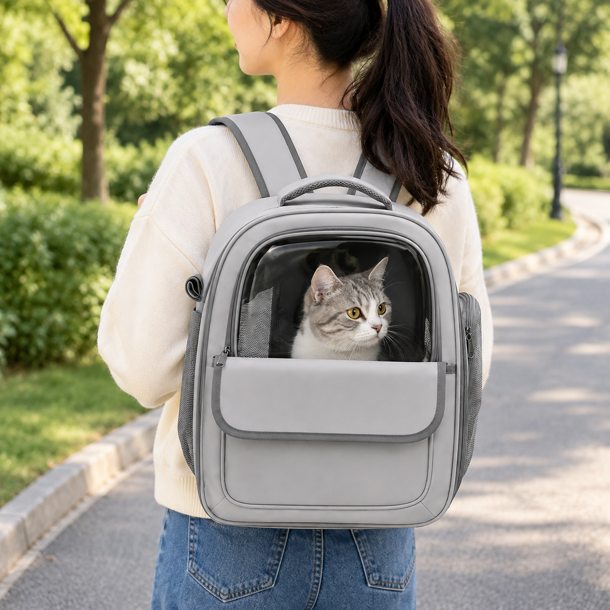 Clear-Window Breathable Cat Backpack – Pet Carrier with Mesh Ventilation Side Pockets and Padded Straps for Small Dogs