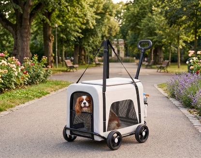 Foldable Detachable Pet Stroller Trolley – 2-in-1 Travel Trolley with Four Wheels Mesh Windows and Shoulder Strap