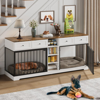 Pawlek Storage Credenza Dog Crate Furniture – Dual Kennel Sideboard with Drawers and Shelves for Pet Supplies