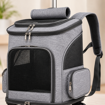 Rolling Telescopic Handle Pet Backpack – Wheeled Travel Trolley Carrier with Mesh Windows and Dual-Sided Mat for Cats