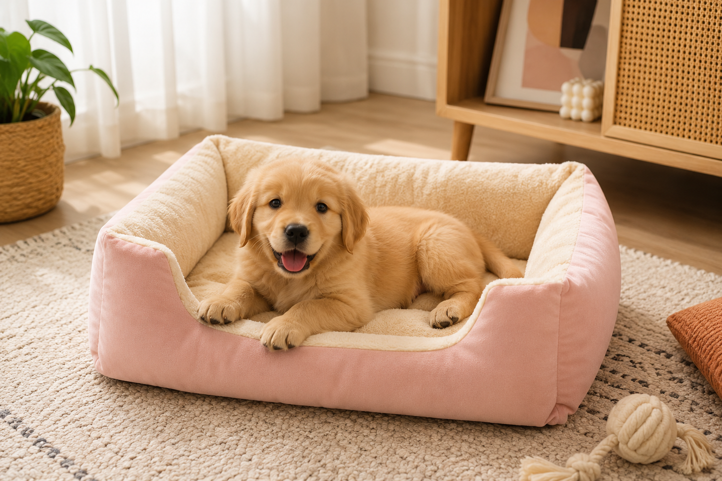 Rectangular Plush Cat Bed – Plush Cuddler Lounger with Low Front Step-In Entry for Cats and Dogs