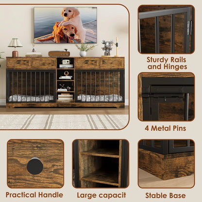 Pawlek Storage Credenza Dog Crate Furniture – Dual Kennel Sideboard with Drawers and Shelves for Pet Supplies