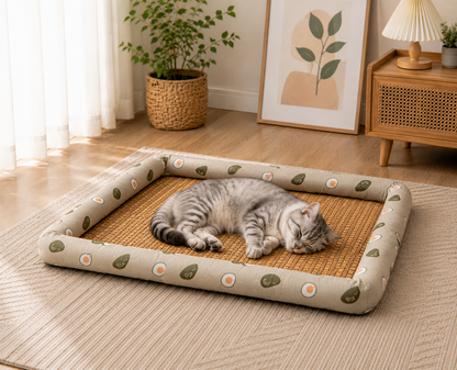 Bolster Cooling Pet Mat – Breathable Summer Lounger Bed with Padded Headrest Pillow for Dogs and Cats